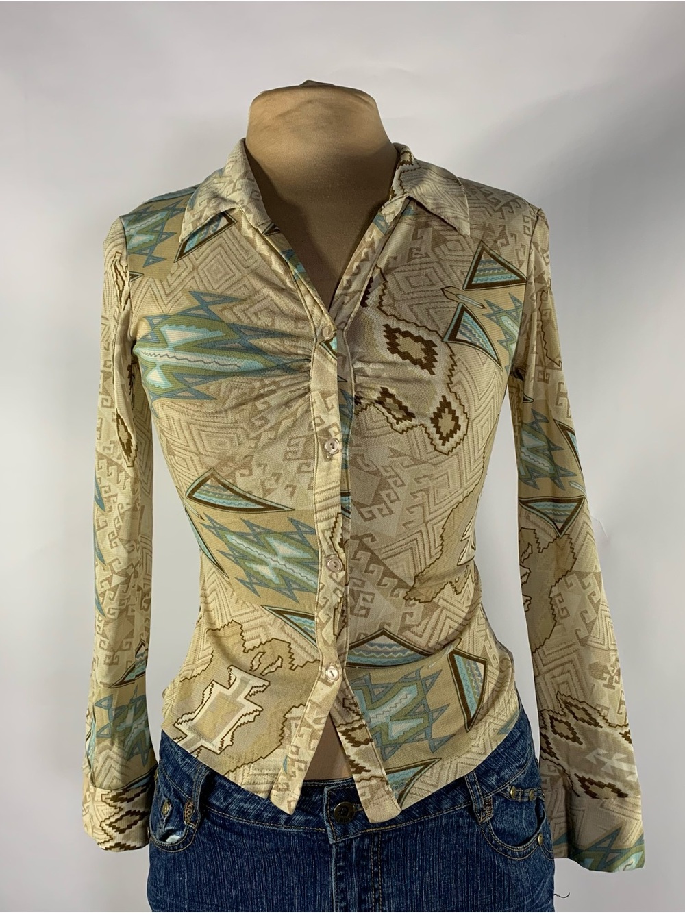 Y2K Opera Sheer Mesh Geometric Button-Up Top Size S